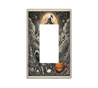 Spooky Pumpkins Spaventapasseri Halloween Art Singolo Rocker Interruttore | Testa di zucca, nottambulo, lupo della foresta, falce triste mietitore, sfondo luna piena, tema bosco spettrale