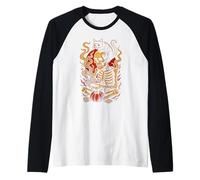 Spooky Skeleton Eating Ramen Bowl with Cat Halloween Maglia con Maniche Raglan
