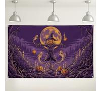 Spooky Spaventapasseri e cappello da strega tema Halloween sfondo banner | Design con cappello da strega, sfondo fotografico, sfondo luna piena, motivi spirituali inquietanti, atmosfera gotica oscura