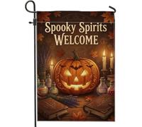 Spooky Spirits Welcome Pumpkins - Bandiera da giardino per Halloween, 30,5 | Jack-o'-lantern, bandiera del prato, bottiglie di pozioni, libri di incantesimi, simboli mistici, foglie autunnali