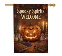 Spooky Spirits Welcome Pumpkins - Bandiera della casa di Halloween, 71 x | Jack-o'-lantern, bandiera del prato, bottiglie di pozioni, libri di incantesimi, simboli mistici, foglie autunnali