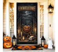 Spooky Unwelcome Gothic Citazione Jack-o'-Lantern Copertura per porta 91 x | Atmosfera gotica, cartello per porta d'ingresso, sfondo foresta spettrale, design teschio e zucche, resistente da appendere