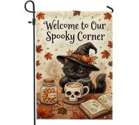 Spooky Witch Cat Autumn Decor Halloween Garden Flag 30,5 x 45,7 cm | Cappello da strega, bandiera del prato, tazza con teschio, mais candito, foglie autunnali, libro degli incantesimi