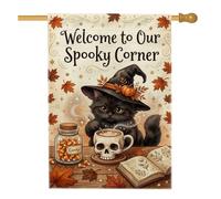 Spooky Witch Cat Autumn Decor Halloween House Flag 71 x 101 cm | Cappello da strega, bandiera del prato, tazza con teschio, mais candito, foglie autunnali, libro degli incantesimi