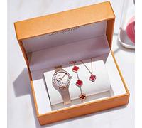 SPORETE E braccialetto della collana degli orologi di 3 Set Donne, Moda da polso al quarzo con cinturino in acciaio, vetro HD, Slim Ladys Guarda 30M impermeabile, colore multiplo,Rosso