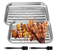 Sporgo Set di 2 ciotole per barbecue, in acciaio inox, 34 x 24 cm, riutilizzabile, con spazzola, accessori per barbecue, per verdure, pesce, carne, cestini per barbecue, adatti per tutti i barbecue a
