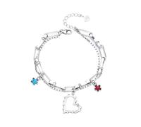 sport Bracciale a doppio strato in argento S925 con cuore - Gioielli da donna alla moda hip-hop con zirconi blu/rossi