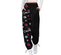 Sporthose Damen Lang Muster Jogginghose Weites Bein Baumwolle Traininghose Mit Schrift Sweathose Mit Taschen Laufhose Baggy Sweatpants Lang High Waist Freizeithose Herbst Winter Sportlich Haushose Xxl