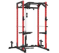 SPORTNOW Power Tower con Stazione Cavi Home Gym 191x153x205 cm Rosso e Nero | Supporto per Bilanciere e Dischi, Barra per Trazioni e Dip, Palestra Multifunzione in Acciaio, per Casa