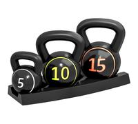 SPORTNOW Set 3 Kettlebell da 2.2 kg, 4.5 kg e 6.8 kg con Base Piatta e Portapesi, in Plastica e Sabbia, Nero Aosom Italy