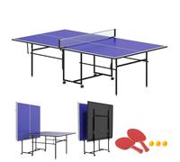 SPORTNOW Tavolo Ping Pong Pieghevole Salvaspazio per Interni, Tavolo da Ping Pong Professionale con Ruote Girevoli, Rete, Racchette e Palline, Blu