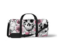 Sports Gym Duffle Bag for Yoga Dancing, Overnight Weekender Travel Bag Skull Pink Flower, Workout Carry On Shoulder Bag for Women Men, 17.6 x 9 inch