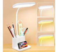 SPORWAY Lampada da scrivania a LED, 3 colori, dimmerabile, lampada da tavolo per bambini, ricarica USB con portapenne, lampada da comodino a collo di cigno a 360° per lettori, lavori, studiare