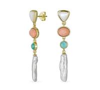 Sposa Tri Tone Misto Natura Pastello Morbido Rosa Verde Pietra Preziosa Geometrica Lineare Sottile Lunga Off White Acqua Dolce Coltivata Perla Barocca Orecchini A Penzolare Placcato In Oro Giallo