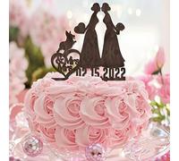 Spose Cake Topper Personalizzato Coppia Nomi Est Data Con Cane Gatto Paese 2 Spose Cake Topper Silhouette Due Donne Anniversario di Matrimonio Decorazioni Festa Lesbica Coppia Regali Legno
