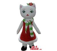 SpotSound Gatto bianco con gli occhi verdi in vestito rosso Santa Mascotte US costume