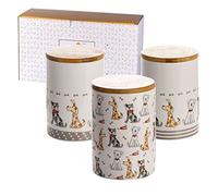 SPOTTED DOG GIFT COMPANY - set di 3 barattoli da cucina a tema cani - per sale, zucchero, caffè - idee regalo - in ceramica con coperchio in legno - bianco