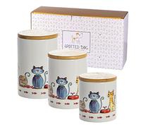 SPOTTED DOG GIFT COMPANY - set di 3 barattoli da cucina a tema gatti - per sale, zucchero, caffè - idee regalo - in ceramica con coperchio in legno - bianco