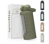 spottle Borraccia in Vetro 2 Litri - Bottiglia Acqua Grande con Cannuccia e Rivestimento in Silicone - Ermetica, Lavabile in Lavastoviglie, Senza BPA (Verde oliva, 2000 ml)