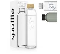 spottle® Borraccia in vetro 550 ml / 750 ml / 1 litro - senza BPA, lavabile, a prova di perdite - ideale per sport, scuola, ufficio, yoga (Trasparente/Coperchio in bambù, 1000 ml)