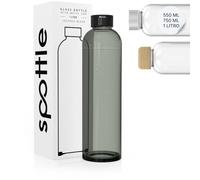spottle® Borraccia in vetro 550 ml / 750 ml / 1 litro - senza BPA, lavabile, a prova di perdite - ideale per sport, scuola, ufficio, yoga (Nero colorato/coperchio in metallo, 550 ml)