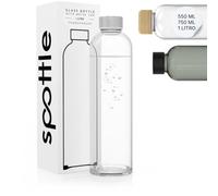 spottle® Borraccia in vetro 550 ml / 750 ml / 1 litro - senza BPA, lavabile, a prova di perdite - ideale per sport, scuola, ufficio, yoga (Trasparente/coperchio in metallo, 550 ml)