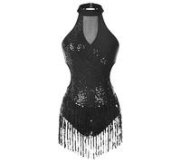 SPPEOUKJ Shiny Sequin Leotards For Women Latin Jazz Tassel Fringe Bodysuit Ballroom Dancing Competiton Chacha Samba Tango Jumpsuit(Black,M)