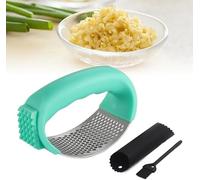 Spremiaglio a bilanciere in acciaio inox, strumento per tritacarne l'aglio, facile da spremere, con pelapatate e spazzola per la pulizia, per distruggere l'aglio (verde)