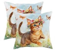 Spring Abyssinian Cats Throw Pillow Covers 45 x 45 cm Set di 2, morbido e confortevole con farfalle divertenti, in velluto, decorazione per divano e soggiorno