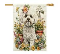 Spring Bichon Frise, bandiera per casa del cane, 71 x 101 cm, double-face, decorativa per esterni, per fattoria, campagna, cuccioli, cortile, casa, casa, fattoria, animali domestici, piccola bandiera