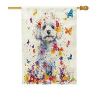 Spring Bichon Frise - Bandiera per casa del cane, 71 x 101 cm, per esterni, graziose farfalle floreali standard verticali, in lino, per la casa, per cortile e cortile, decorazione per esterni