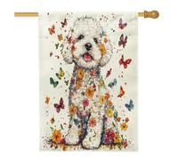 Spring Bichon Frise, bandiere per la casa del cane, 71 x 101 cm, double face, per esterni, graziose farfalle floreali in lino, bandiere per la casa, bandiera per la casa, per cortile e cortile