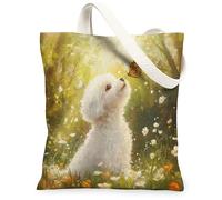 Spring Bichon Frise Dog Tote Bag per lo shopping 13 * 15, divertente borsa della spesa riutilizzabile con farfalle per donne, decorazione regalo pittura viaggio animale domestico