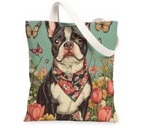 Spring Boston Terrier - Borsa tote in tela per lo shopping, 33 x 38 cm, con fiori vintage, motivo floreale, riutilizzabile, per donne, lavoro e viaggi, decorazione regalo
