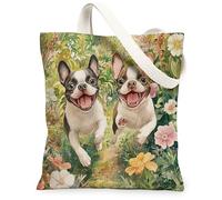 Spring Boston Terrier Dog Tote Bag in tela per lo shopping 13 * 15, carino floreale fiori borsa della spesa riutilizzabile per donne, Pet Work Travel modello regalo Decor