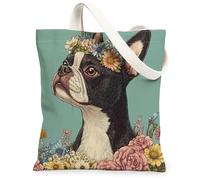 Spring Boston Terrier Dog Tote Bag in tela per lo shopping 13 * 15, Cool estetica floreale riutilizzabile borsa a tracolla per la spesa per donne, pittura animale domestico regalo decorazione