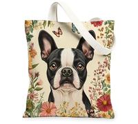 Spring Boston Terrier Dog Tote Bag per lo shopping 13 * 15, Vintage floreale pianta riutilizzabile borsa della spesa per donne, Pet Travel modello regalo decorazione
