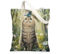 Spring British Shorthair Cats Tote Bag per lo shopping 13 * 15, carino Bluebird Foresta riutilizzabile borsa della spesa per donne, gattino animale domestico lavoro viaggio pittura regalo decorazione