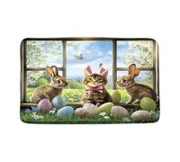 Spring Bunny Easter Cute Rabbit Cat Eggs Colorful Flower Plant Grassland Wooden Window Nature Tappeti Da Bagno Assorbente Zerbino Asciugapassi Lavabile In Lavatrice Tappeto Entrata Per 40X60Cm