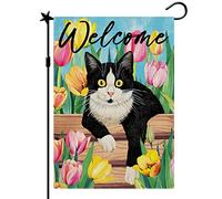 Spring Cat Garden Flag, Spring Cat Garden Flag, Easter Flag Spring Summer Vertical Double Sided Juta Welcome Black Cat Floral Holiday Party Rustic Farmhouse Yard Home Outdoor Decoration 12,5 x 1