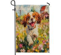 Spring Cavalier King Charles Spaniel Dog Garden Bandiere 30,5 x 45,7 cm double face per decorazione esterna, bandiera di campagna, giardino, cucciolo, cortile, tela, per casa, divertente, per esterni