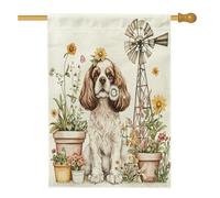 Spring Cavalier King Charles Spaniel Dog House Flag 71,1 x 101,2 cm Double Face per decorazione esterna, fattoria campagna, cucciolo frontyard lino casa bandiera, Pet Outdoor piccolo cortile prato