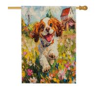 Spring Cavalier King Charles Spaniel Dog House Flag 71,1 x 101,2 cm Double Face per decorazione esterna, Country Garden Puppy FrontYard Canvas Home Flag, Divertente Pet Outdoor Pattern Backyard Prato