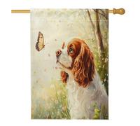 Spring Cavalier King Charles Spaniel Front Yard Backyard Linen Vertical House Flags 28x40 Double Face per esterno, divertente bandiera con stampa di farfalle per la casa, bandiere con motivo cane per