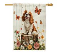 Spring Cavalier King Charles Spaniel Front Yard Backyard Linen Vertical House Flags 28x40 Double Face per esterno, Floreale ceppo di legno stampa casa bandiera, cane casa all'aperto modello bandiere