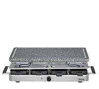 Spring CLASSIC Raclette 8 persone, piastra in granito, pietra calda con scanalatura per succo, 8 padelle per raclette, 8 raschietti per raclette, con piano di appoggio, 48 × 27 × 14,5 cm, 1200 W,