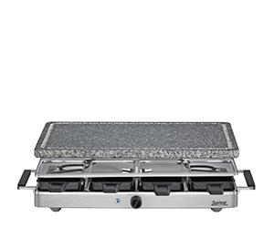 Spring CLASSIC Raclette 8 persone, piastra in granito, pietra calda con scanalatura per succo, 8 padelle per raclette, 8 raschietti per raclette, con piano di appoggio, 48 × 27 × 14,5 cm, 1200 W,