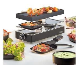 Spring Classic Raclette per 2 persone, colore nero, griglia elettrica da tavolo, piastra in alluminio antiaderente, 2 padelle e raschietto per raclette, piano di appoggio, 25,5 x 1 x 12,5 cm, 440 W
