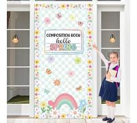 Spring Composition Notebook Classroom Door Cover Verde Floreale Farfalla Arcobaleno Appeso Banner Ritorno a Scuola Primo Giorno di Scuola di Benvenuto Sfondo Parete Porta Decorazione per Scuola