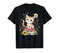 Spring Cottagecore Flowers Orange Tabby Kawaii Kitty da donna Maglietta